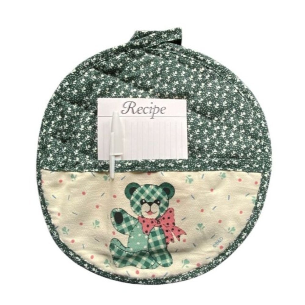 B&d Vintage Quilted Green Teddy Bear Potholder 8” x 8”